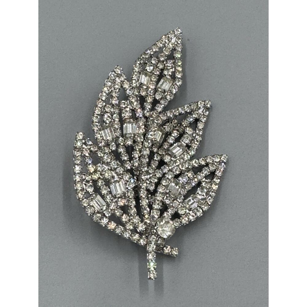 Vintage Silver Clear Rhinestone Colored Leaf Brooch Lapel Pin